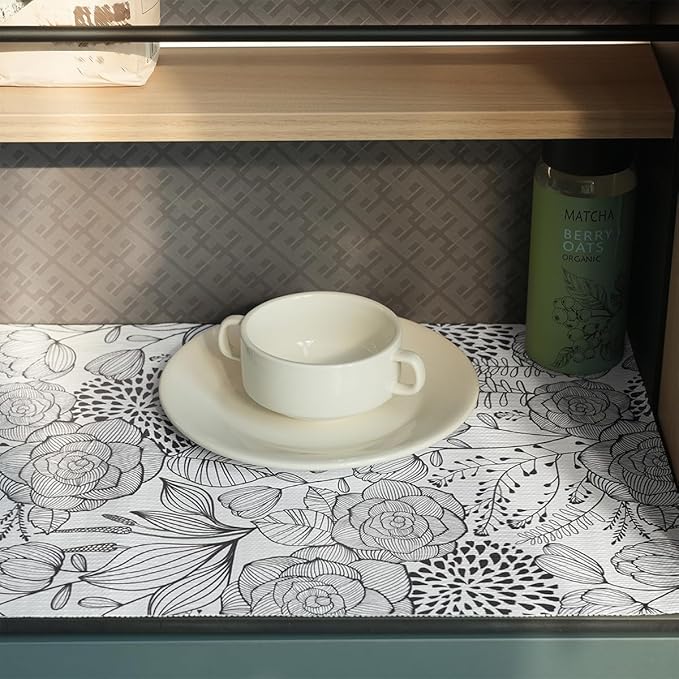 Floral Drawer and Shelf Liner for Kitchen 12IN x 20FT, Non-Adhesive and Strong Non-Slip Cabinet Drawer Liners, Waterproof Thickened Shelf Liner,Easy to Clean,Black and White - Image 9