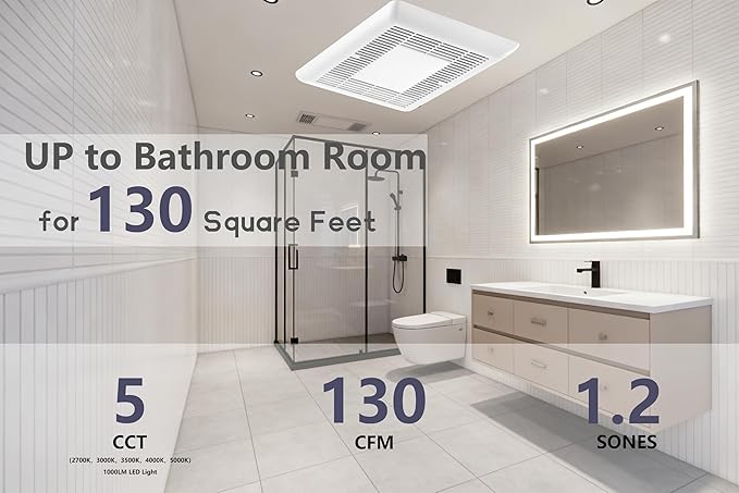 Tech Drive Bathroom Exhaust Fan with Light-130 CFM, 1000lm Dimmable 5CCT LED Light and Night Light Selectable, 6-Inch Duct Super Quiet Ventilation Fan,Easy to Install Ceiling Mounted - Image 6
