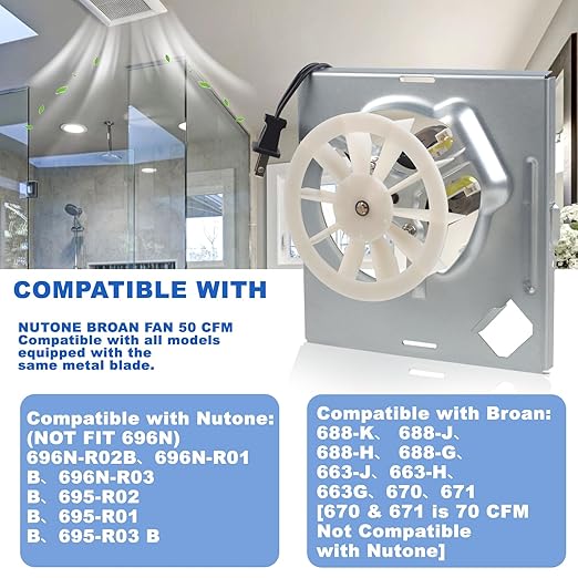 New Upgraded S97012026 Fan, Bathroom Fan Assembly Compatible with Broan-Nutone 688-K、 688-J、688-H、 688-G、663-J、663-H、663G, 695-R02 B、695-R01B、695-R03 B, 50 CFM - Image 2