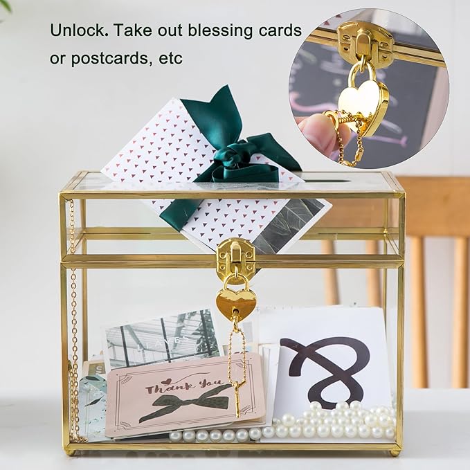 Glass Wedding Card Box with Slot and Lock, Large Clear Card Box Gold Brass Gift Card Storage Box with Lock for Wedding Receptions, Baby Shower, Birthday Party, Bridal Shower - Image 4