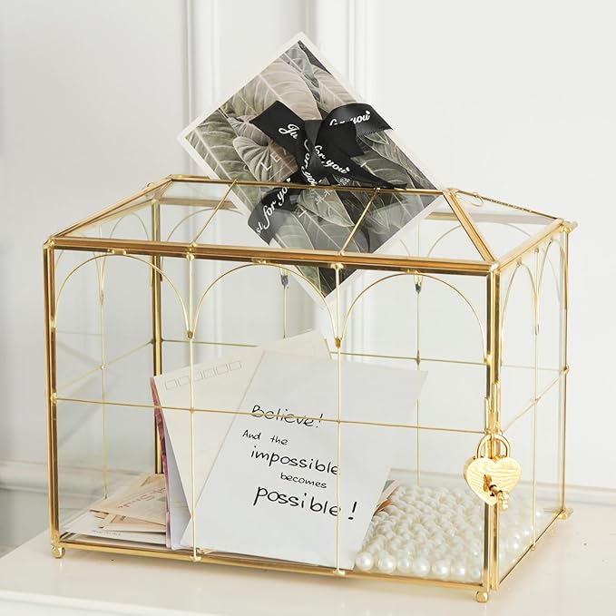 Glass Card Box with Slot, 10.2 inch Large Gold Clear Card Box for Wedding Receptions, Decorative Storage Box with Lock for Baby Shower, Birthday Party, Bridal Shower by Giadun