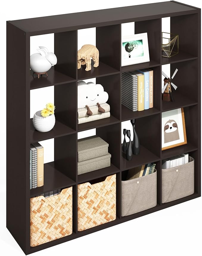 Furinno Simple Cube Storage Organizer, 16-Cube Display Shelf, Open Back Shelving Unit, Storage Shelves, Extra Thick Frame, for Organization and Storage, Living Room, Home Office, Dark Oak by Furinno-FitsYourSpaceFitsYourBudget