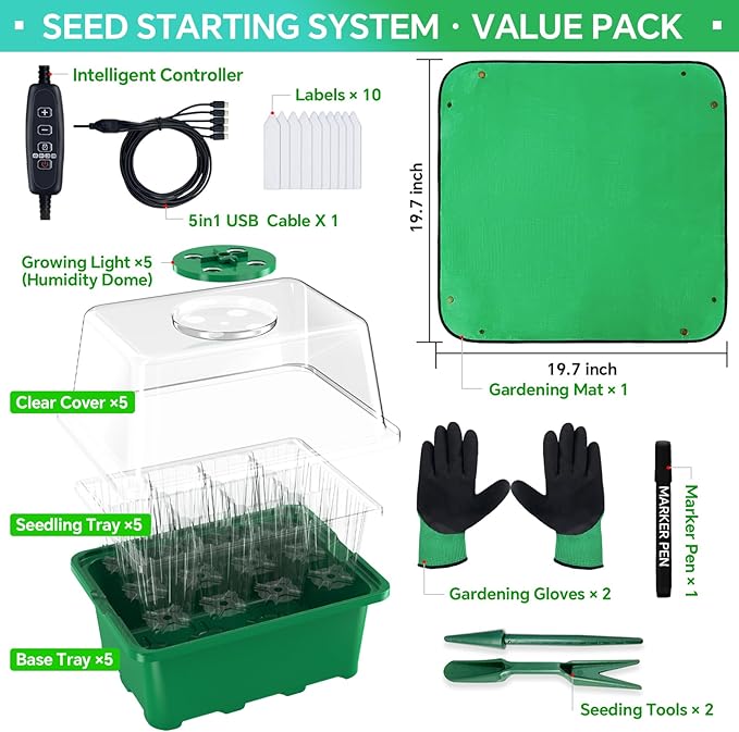 5 Packs Seed Starter Tray with Grow Light, (Value Pack), 60 Cells Seed Starter Kit with Heightened Lid, Adjustable Humidity Domes,Garden supplies for Plant Flower Vegetable Seeds Germination - Image 2