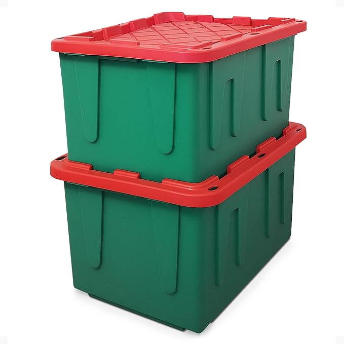 HOMZ 2-Pack Durabilt, Heavy Duty Plastic Storage Bins with Lids, 27 Gallon, Green/Red - Stackable Container Boxes for Holiday, Attic, and Garage Organization by Homz