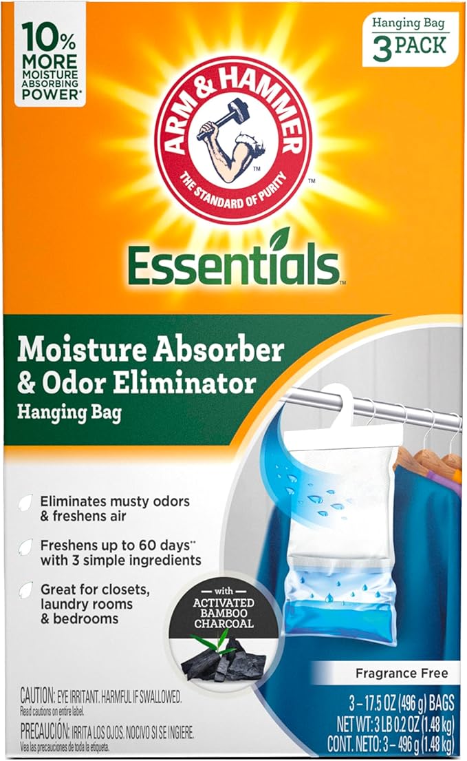 Arm & Hammer Essentials Hanging Moisture Absorber and Odor Eliminator, 17.5 oz., 3 Pack, Fragrance Free, Moisture Absorbers for Closets, Laundry Rooms and Bedrooms, Long-Lasting Freshness by ARMHAMMER