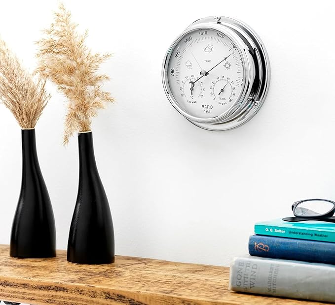 Chrome Barometer with Built-in Hygrometer &Thermometer - Analog Weather Station for Home & Outdoor Use - Handmade in England - Heavy Chrome Plated Brass Case (1/2kg), 6in x 2in - Image 7