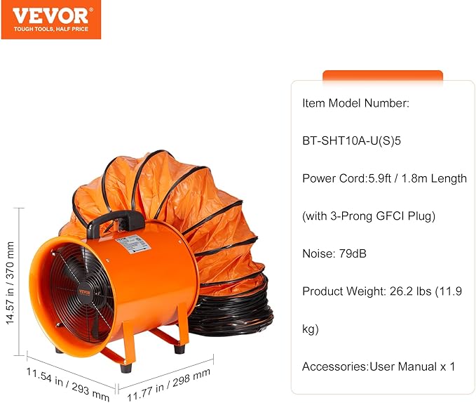 VEVOR Air Mover Blower Fan 10 Inch, 1893CFM 380W with 16.4ft Flexible Duct, Industrial Portable Ventilator Blower/Exhaust, Orange - Image 7