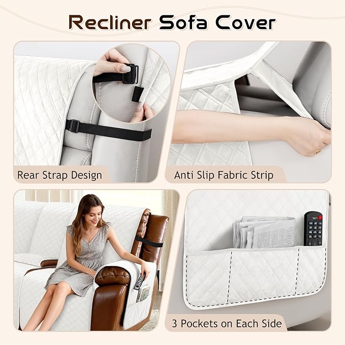 Arfntevss Waterproof Recliner Sectional Couch Covers for Reclining L Shape Sofa Cover Non Slip Washable L Shaped Slipcover Sets for Dog Furniture Protector (5 Seat with 2 Console Cover, Cream White) - Image 4