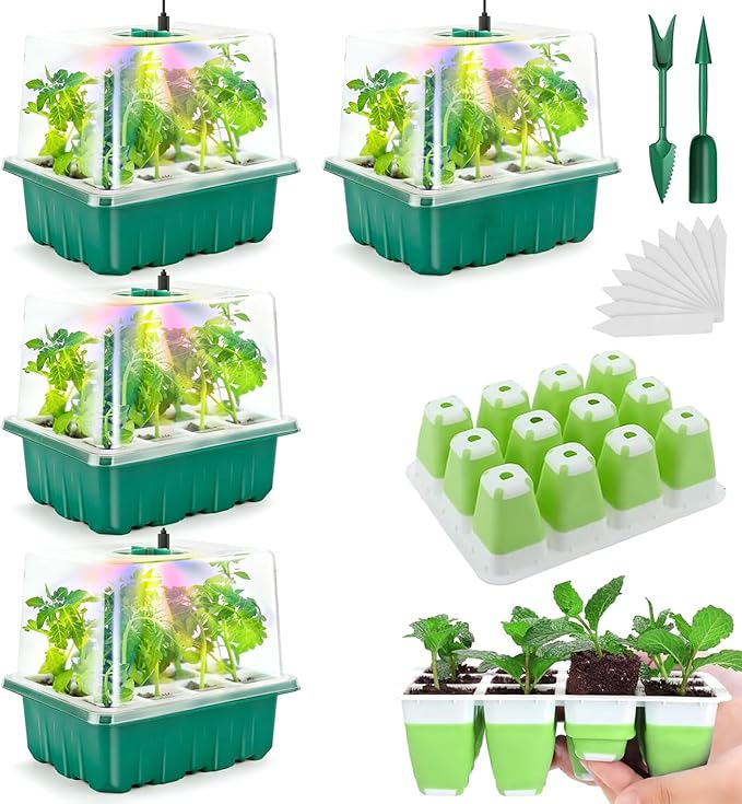 Seed Starter Tray with Grow Light, 48 Cells Indoor Seed Starter Kit, Flexible Silicone Seedling Starter Trays, Germination Tray Kit with Humidity Dome & Lids(4in Height), Reusable & Dishwasher Safe by Ryscam