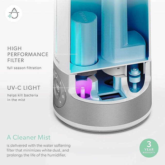 TruSens Clean Mist Ultrasonic Humidifier With UV-C Light, Large 8L Tank, Humidity Sensor, Warm & Cool Mist, Water Softening Filter, Essential Oil Tray, Auto Mode, Night Mode, Portable Handle - Image 5