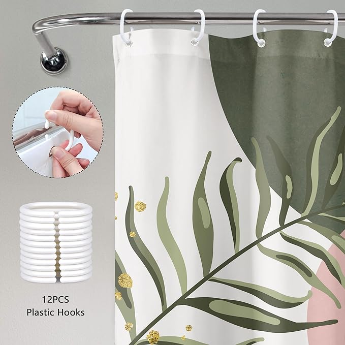 Pink Sage Green Boho Shower Curtain 60Wx72H Mid Century Modern Abstract Gold Leaves Plant Sun Bathroom Decor Minimalist Geometric Arch Line Aesthetic Bath Curtain Fabric Polyester 12 Pack Hooks - Image 6