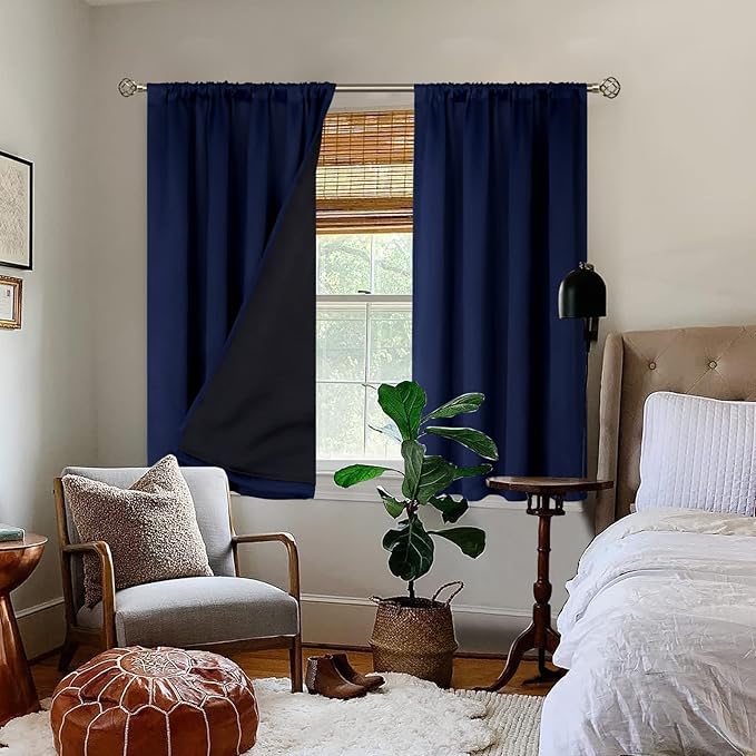 BGment Thermal Insulated 100% Blackout Curtains for Bedroom with Black Liner, Double Layer Full Room Darkening Noise Reducing Rod Pocket Curtain (52 x 54 Inch, Navy Blue, 2 Panels) - Image 2