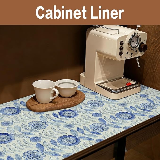 Drawer and Shelf Liner for Kitchen Cabinets Non-Adhesive Strong Grip Floral Shelf Liner Non-Slip Waterproof Blue Flower Drawer Liner for Cupboard Shelves Easy to Clean Cabinet Liner 12IN×10FT - Image 7