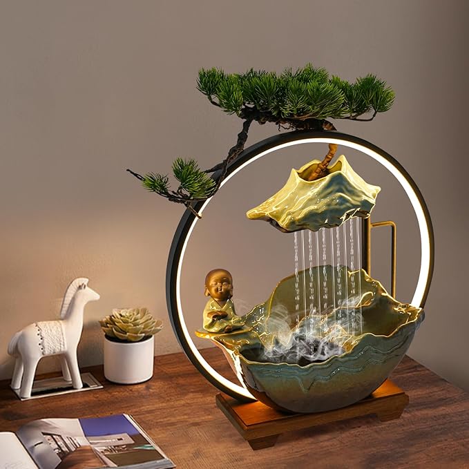 Water Fountains Indoor Tabletop Waterfall Humidifier W/LED Light & Atomizer Mist &Cute Monk Statue, Zen Decor Meditation Japanese Decor Fake Plants Feng Shui Decor Festival Birthday Gift - Image 2