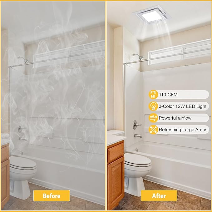 Bathroom Exhaust Fan with Light, 8-Inch Bath Fan with Light For Home, 3000K/4500K/6000K Selectable, 110 CFM Bathroom Ventilation Fan, 1.0 Sones Ultra-Quiet Exhaust Fans for Ceiling Mount - Image 2