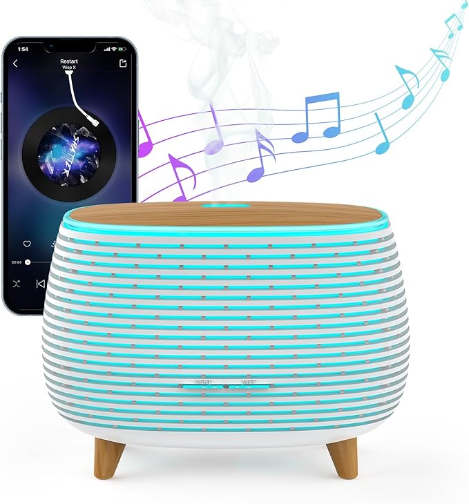 2-in-1 BT Speaker & Ultrasonic Essential Oil Diffuser,Aromatherapy Diffuser Cool Mist Humidifier with 7 Colors Lights for Large Room Home Office,400ml(White+Wooden Grain) by APOMATOT