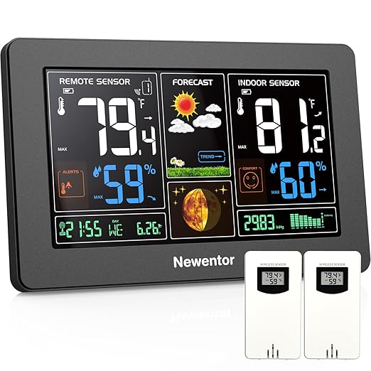 Newentor Weather Station Wireless Indoor Outdoor Thermometer, Color Display Digital Weather Thermometer with Atomic Clock, Barometric Pressure, Forecast Station with Adjustable Backlight,Black,2Sensor by Newentor