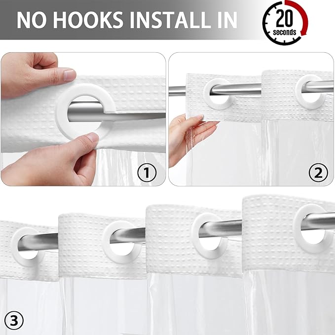 No Hook Shower Curtain with Fabric Liner White Hotel Waffle 75" L x 72" W,EVA Clear Window Shower - Image 3