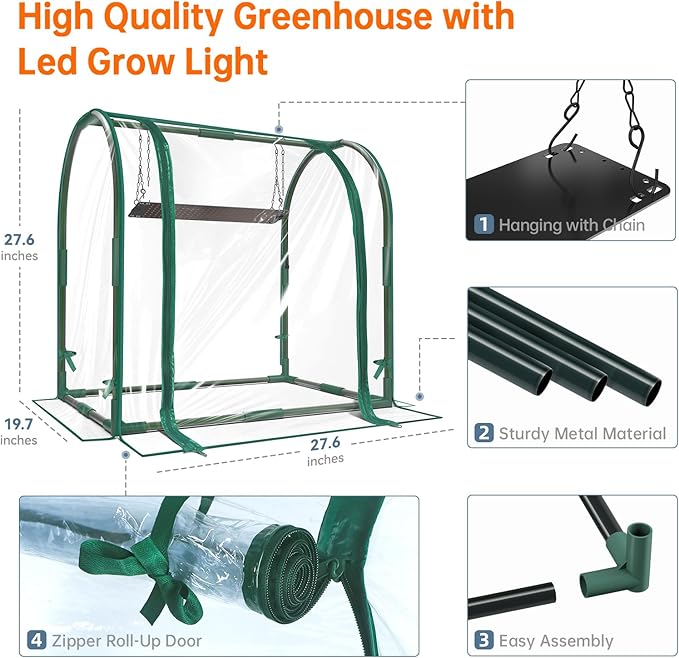 Bstrip Mini Indoor Greenhouse with Grow Lights, 27.2" L X 19.9" W X 27.2" H Desktop Small Greenhouse with Zippered Door and PVC Cover for Seed Starting, 1.6FT Plant Light for Indoor Plants with Timer - Image 3
