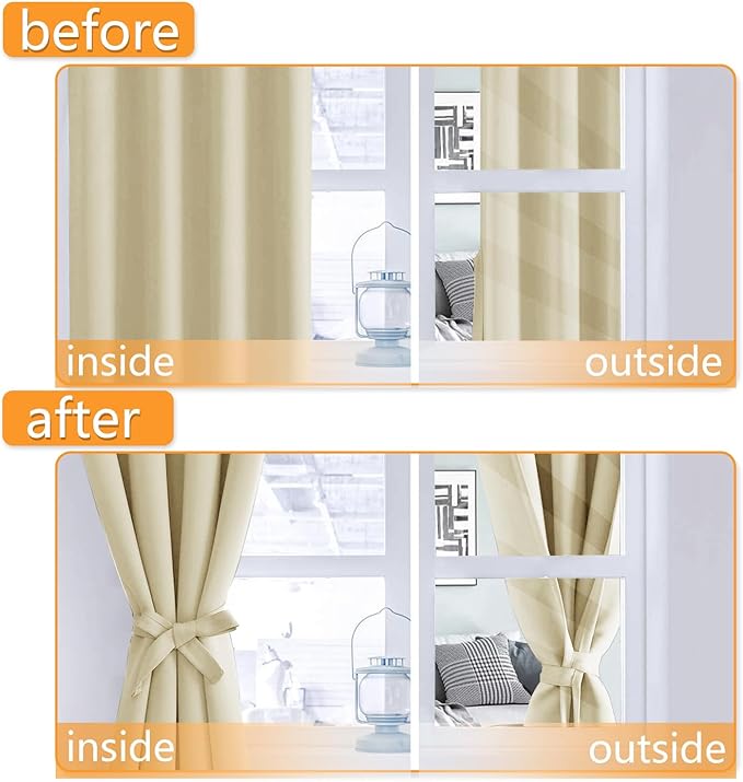 Hiasan Blackout Curtains for Bedroom, 38 x 63 Inches Length - Thermal Insulated & Light Blocking Window Curtains for Living Room, 2 Drape Panels Sewn with Tiebacks, Light Beige - Image 4