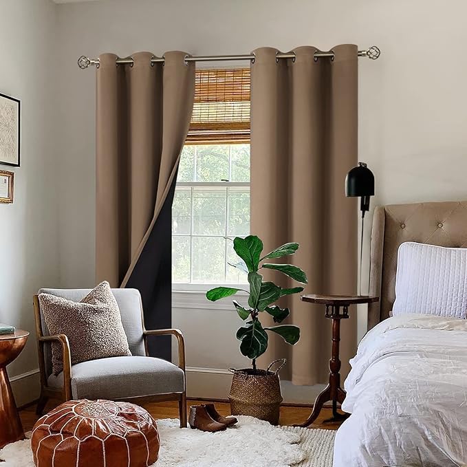BGment Total Thermal Insulated 100% Blackout Curtains for Bedroom with Black Liner, Double Layer Full Room Darkening Noise Reducing Grommet Curtain (42 x 84 Inch, Taupe, 2 Panels) - Image 2