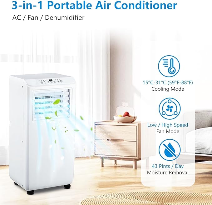 Portable Air Conditioners 10,000 BTU AC Unit for Bedroom, Drainage-Free Cooling for 450 Sq. Ft Rooms, 3-In-1 with Dehumidifier & Fan, Ultra-Quiet Portable AC Unit for Home Office Garage, White - Image 3