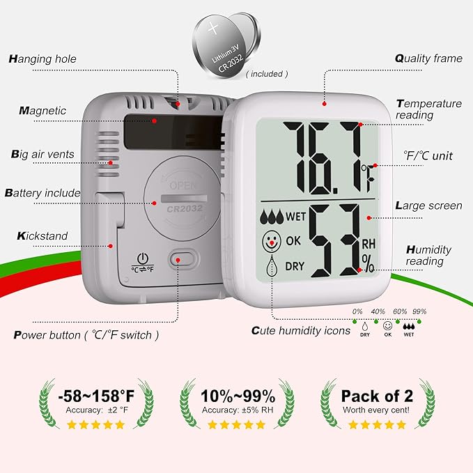 Antonki 2 Pack Room Thermometer for Home, Hygrometer Indoor Humidity Meter Gauge, Digital Temperature and Humidity Sensor Monitor for House, Terrarium, Incubator, Greenhouse - Battery Included - Image 6