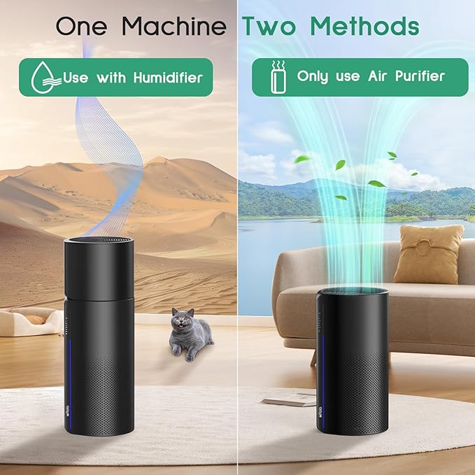 Afloia Air Purifier with Humidifier Combo, 2 in 1 3-Stage Filters for Bedroom Pets Hair Smoker Odors, Evaporative Humidifier, Auto Shut Off, Quiet Air Cleaner with Seven Color Light, Black - Image 2