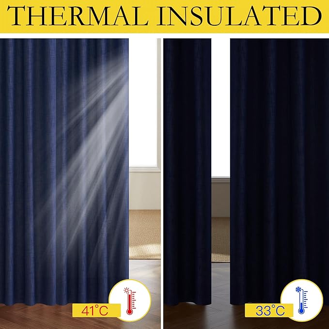 NICETOWN 100% Absolutely Blackout Linen Curtains with Thermal Insulated White Liner, Dark Blue, 52" Wide, 2 Pieces, Privacy Vertical Window Drapes for Office Laundry Living Room Windows 84 inch Long - Image 4