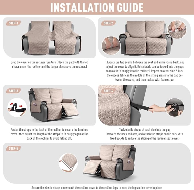 TAOCOCO 100% Waterproof Recliner Cover, Non-Slip Washable Reclining Couch Cover with Elastic Leg Straps, Furniture Protector for Dogs (Peach, 3 Seater) - Image 7