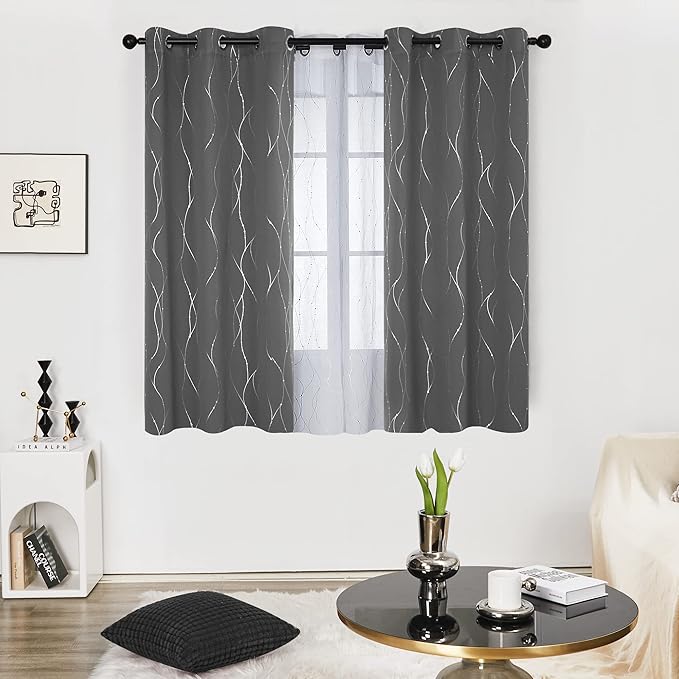 Deconovo Kitchen Curtains, Short Blackout Drapes 42 x 45 Inch, Thermal Insulated Soundproof Grommet Drape, Silver Wave Dots Foil Print Curtain for Small Windows, Living Room, Light Grey, Set of 2 - Image 2