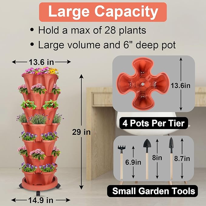 DUNCHATY Stackable Planters 7 Tier Vertical Garden Planting Tower Planters Strawberry, Herb, Flower, and Vegetable Planter Indoor Outdoor Gardening Pots with Removable Wheels and Tools, 2 Set - Image 3