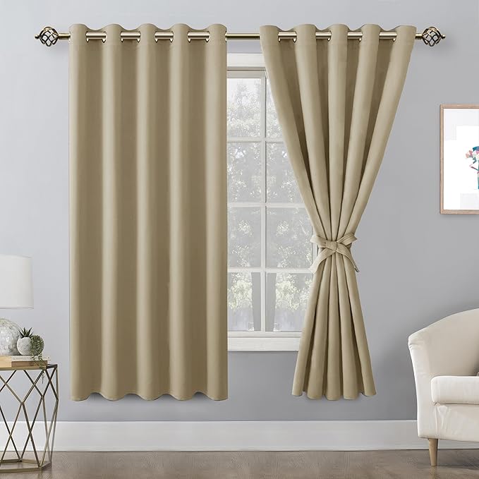 Hiasan Grommet Blackout Curtains for Bedroom, 60 x 72 Inches - Thermal Insulated & Light Blocking Window Drapes for Living Room/Dorm Room, Set of 2 Panels Sewn with Tiebacks, Taupe - Image 2
