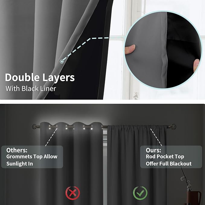 BGment 100% Blackout Curtains for Bedroom 54 Inch Length 2 Panels, Thermal Insulated Room Darkening Curtains Rod Pocket Soundproof Bedroom Living Room Window Curtains, Dove Grey, Each 42 Inch Wide - Image 6