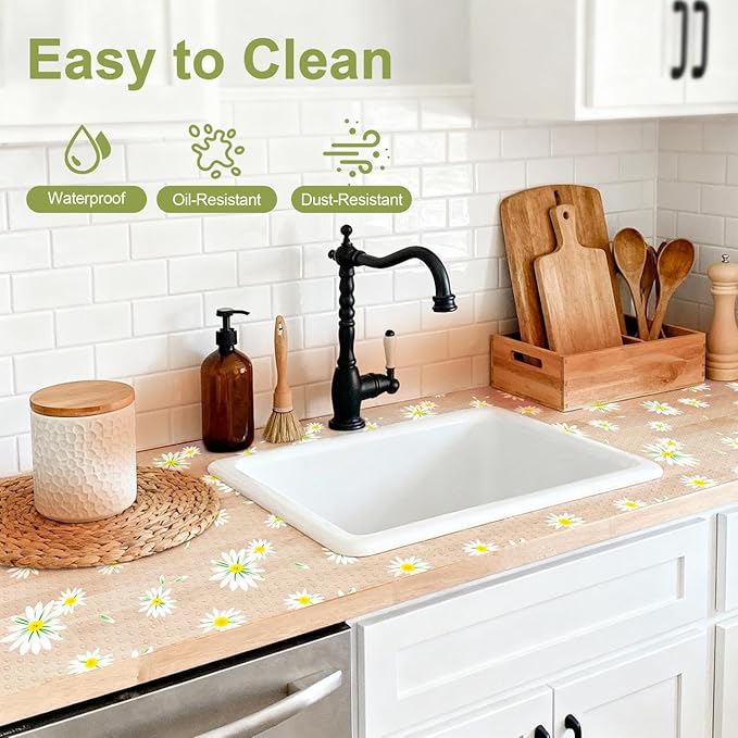 FEXIA Shelf Liner 17.5 Inch x 20 FT Daisy Non Slip Waterproof Cabinet and Drawer Liner for Kitchen Cabinet Refrigerator Pantry Closet Durable Non Adhesive - Image 6