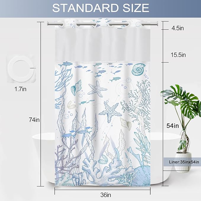 Small Stall No Hook Shower Curtain with Snap in Liner, Beach Ocean Nautical Coastal Shower Curtains and Liner Set for Bathroom, Seashell Bath Curtain, Waterproof Washable, Blue 36" x 74" - Image 6