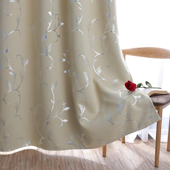 BUHUA Grommet Top Curtains Print Flower Vine Blackout Curtains Room Darkening Window Curtains for Living Room Beige 38W×96L Inch 1 Pair - Image 4