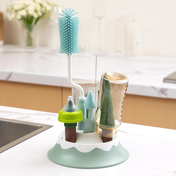 Chemimoso Baby Bottle Drying Rack and Cleaning Set, with Spinning Silicone Baby Bottle Brush, Pacifier Brush, Straw Brush, Cup Lid Cleaning Brush, 2025 Xmas Holiday Surprise Gift for Newmom, Pink - Image 3