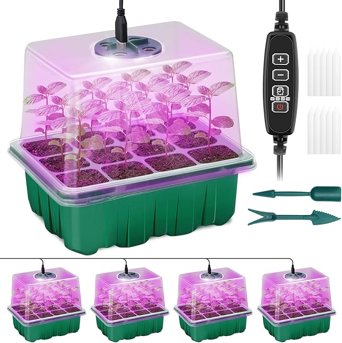 Seed Starter Tray with Plant Light, 4 Pack Grow Lights for Seed Starting Kit with Humidity Domes, Timing Controller Adjustable Brightness for Greenhouse Propagator Station Planting Growing by Qoolife-US
