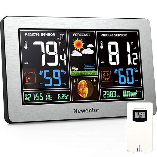 Newentor Weather Station Wireless Indoor Outdoor Thermometer, Color Display Digital Weather Thermometer with Atomic Clock, Barometric Pressure, Forecast Station with Adjustable Backlight, Sliver by Newentor
