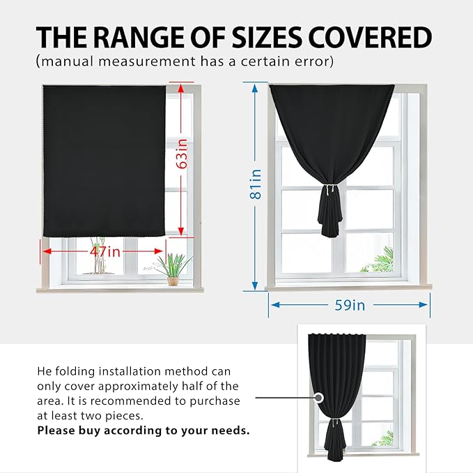 Paste Style Curtains for Windows,Bedroom Blackout Curtains for - Thermal Lnsulated No Drill Curtains Room Darkening Black Small Drapes, JILRON,(1 Panels,47Wx63L inch-Black) - Image 3