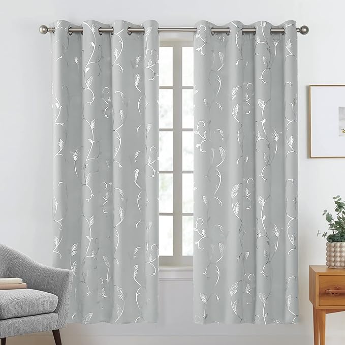 BUHUA Blackout Curtains 72 Inches Long, Vine Foil Print Pattern Room Darkening Curtain, Living Room Curtains & Drapes, Thermal Insulated Window Panel Set, 52 x 72 Inch, Silver Grey - Image 2