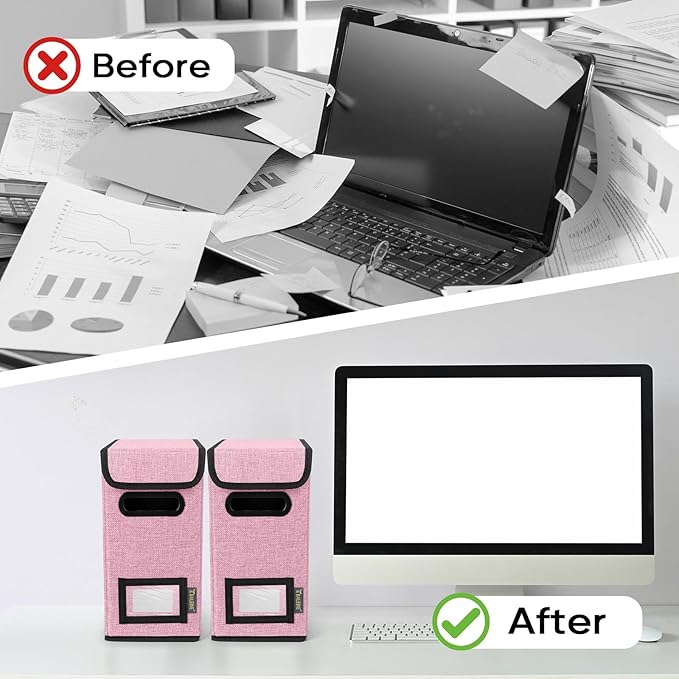 BALEINE File Organizer Box with Lid, Collapsible File Folder Organizer with Plastic Slide, Hanging File Folder Box for Office Document Storage (2 Pack, Pink, S) - Image 7