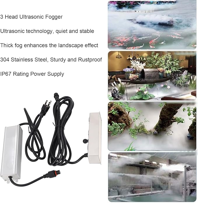 Garosa Ultrasonic Mist Maker, 3 Head Stainless Steel Fogger IP67 Water Proof Power Supply for Indoor Outdoor Landscape Garden Humidifier (US Plug) - Image 2