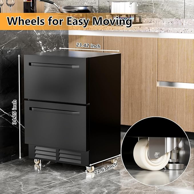 24 Inch Under Counter Dual Drawer Beverage Fridge, Weather Proof Outdoor Beverage Refrigerator for Patio, Stainless Steel Built-in Beverage Cooler for Home & Commercial Use, Black - Image 3