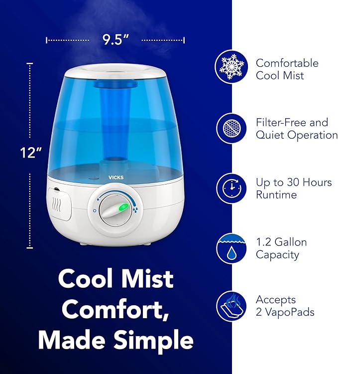 Vicks Filter-Free Ultrasonic Humidifier, Recommended by Pediatricians*, 1.2 Gal Ultrasonic Cool Mist Humidifiers for Bedrooms & Kids Rooms, Works with Vicks VapoPads - Image 2
