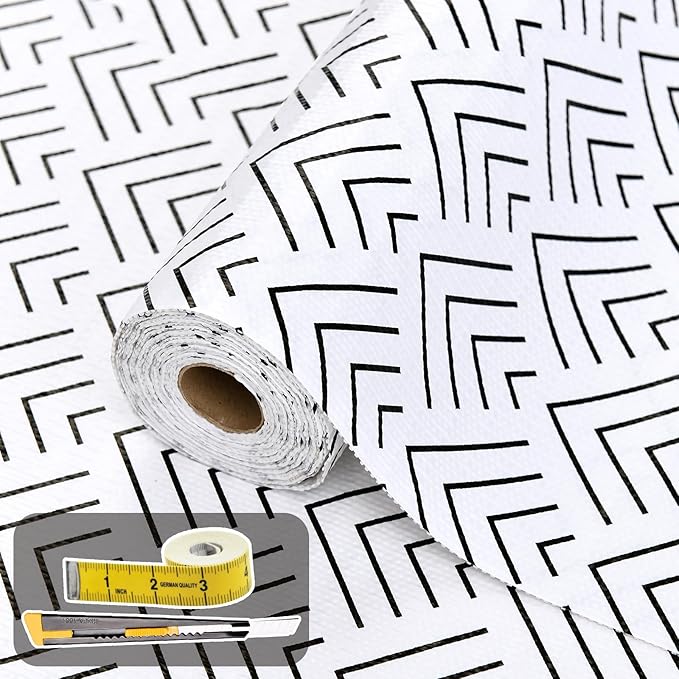 Shelf Liner for Kitchen Cabinets Non Adhesive Drawer Liner Non-Slip Thickened Shelf Liner Paper Strong Easy to Clean for Tool Box Refrigerator with Knife and Tape Measure, Black Arrow,17.3 x 236.2 in by Oneoftheworld