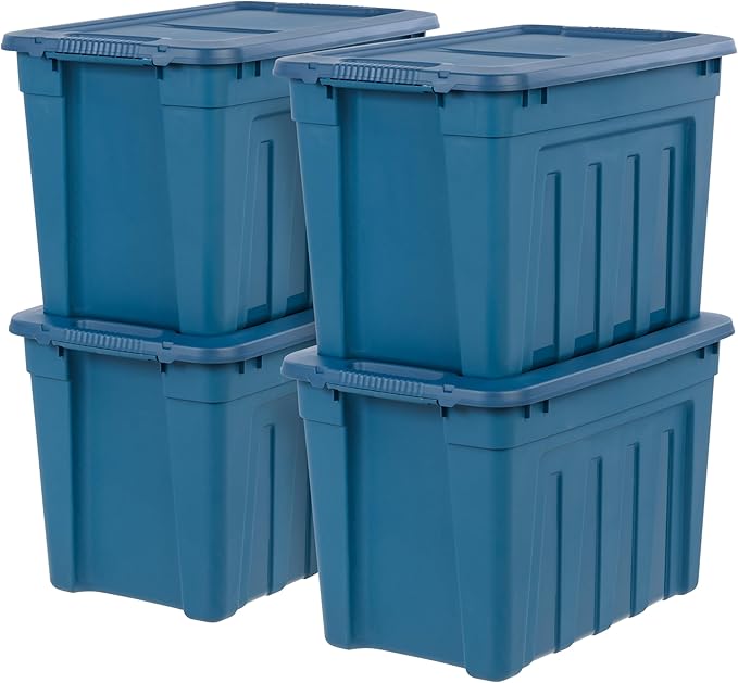 IRIS USA 20 Gallon Eco-Friendly Heavy Duty Storage Totes with Easy-Grip Handles, 4 Pack - Large Bins with Lids Garage Organizing Tubs, Durable Stackable Utility Containers, Made in USA - Navy by IRISUSA
