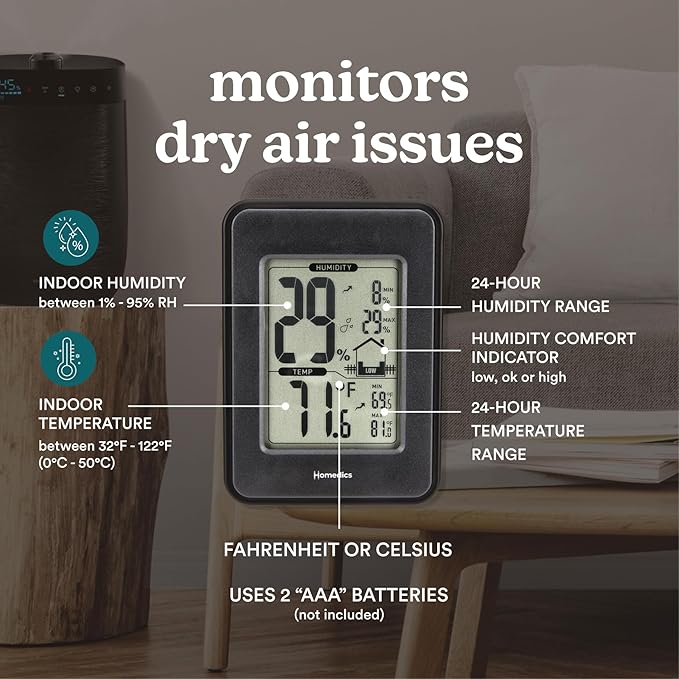 Homedics HM100 Indoor Humidity Monitor, Easy-Read Hygrometer to Monitor Indoor Air Comfort, Fahrenheit and Celsius, Battery-Operated Room Thermometer for Home - Image 4