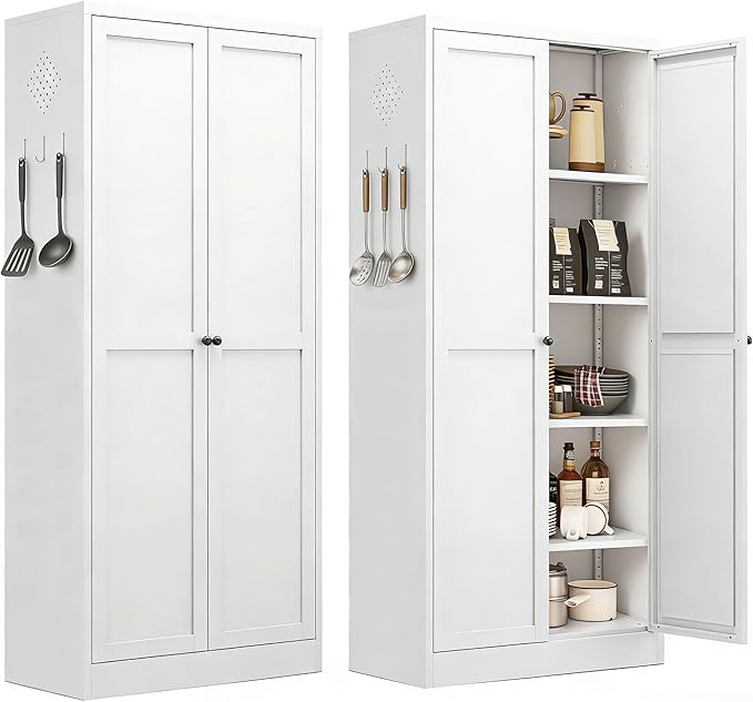 Kitchen Pantry Storage Cabinets with 4 Adjustable Shelves, 61" Tall Kitchen Cupboard Metal Food Pantry Cabinet for Kitchen, Dining Room, Living Room and Bathroom, Assembly Required(White) by EKJOfficials